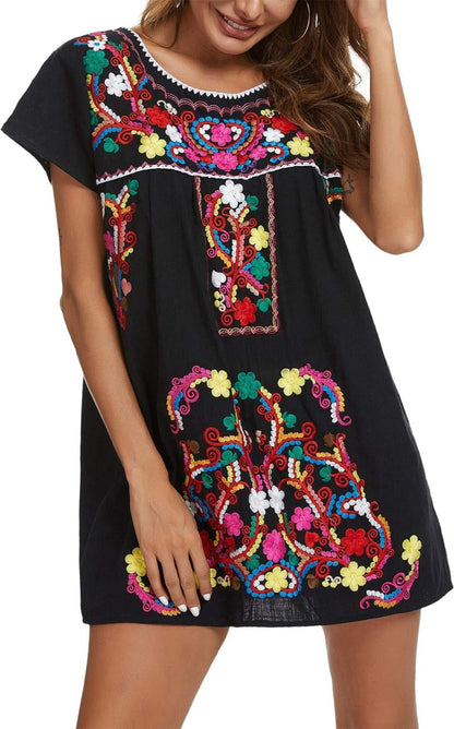 YZXDORWJ Women Mexican Embroidered Dress Short Sleeve225BkSmallCasualClothingDresses