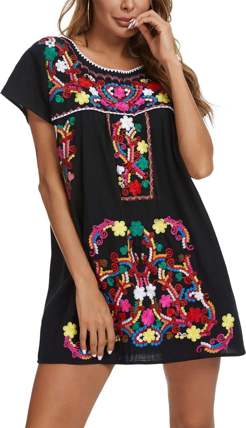 YZXDORWJ Women Mexican Embroidered Dress Short Sleeve225BkSmallCasualClothingDresses