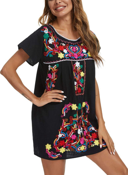 YZXDORWJ Women Mexican Embroidered Dress Short Sleeve225BkSmallCasualClothingDresses