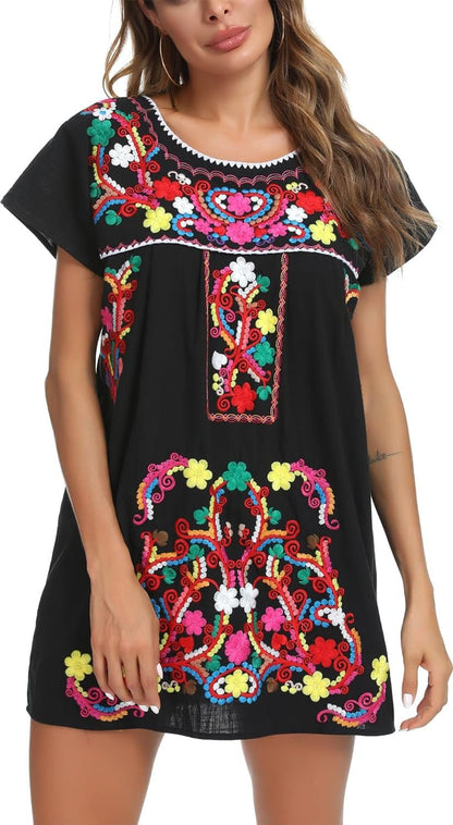 YZXDORWJ Women Mexican Embroidered Dress Short Sleeve225BkSmallCasualClothingDresses