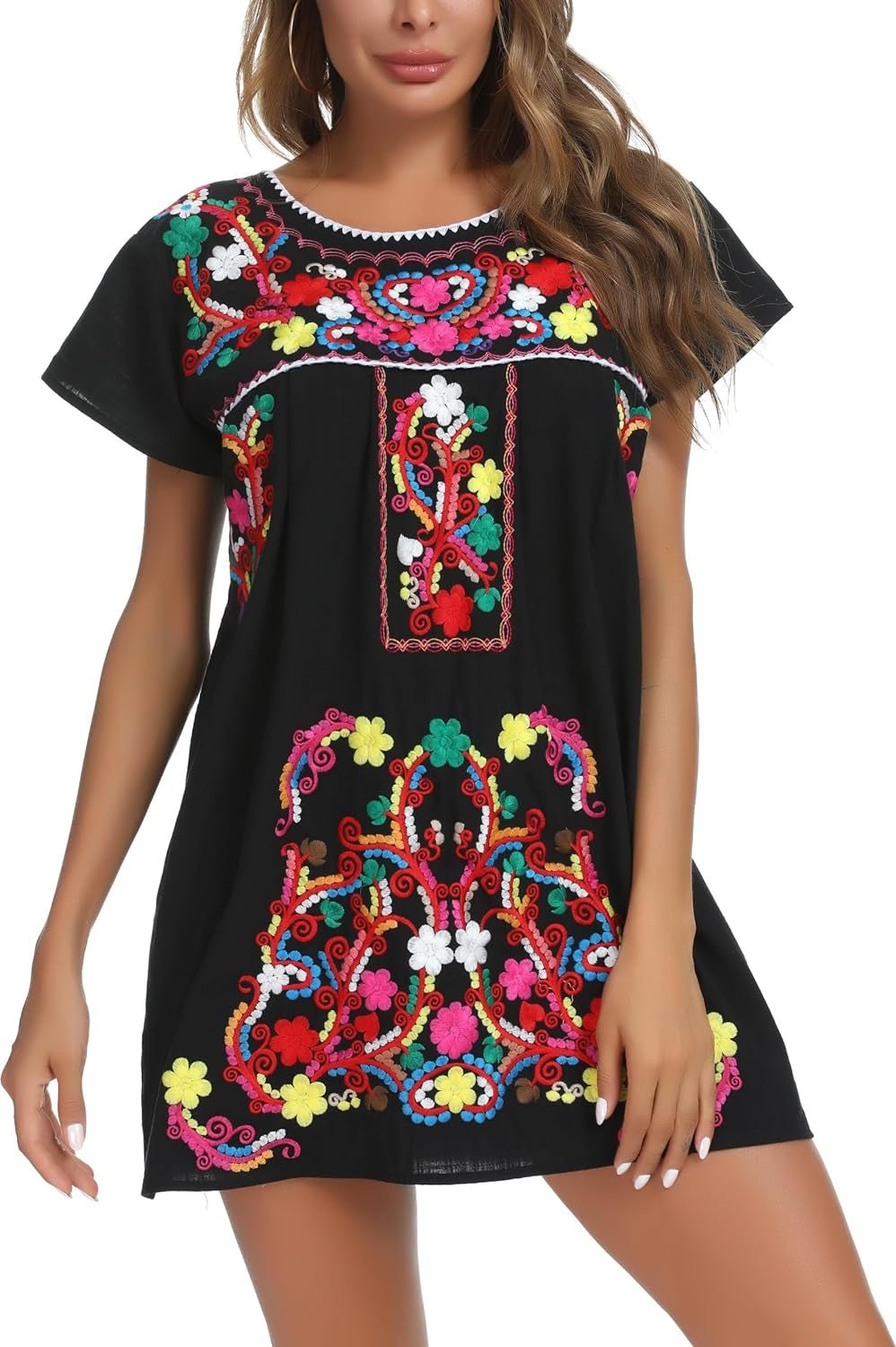 YZXDORWJ Women Mexican Embroidered Dress Short Sleeve225BkSmallCasualClothingDresses