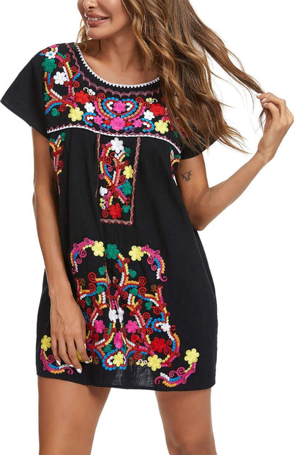 YZXDORWJ Women Mexican Embroidered Dress Short Sleeve225BkSmallCasualClothingDresses