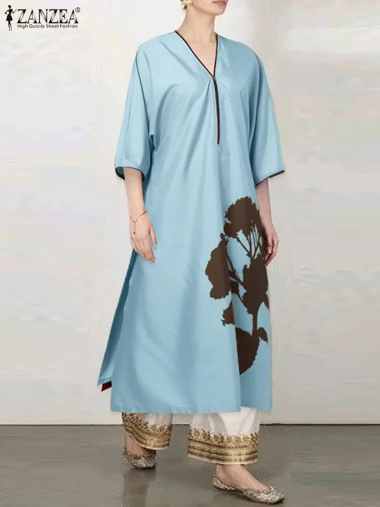 ZANZEA 2023 Autumn Oversized Dress Women Half Sleeve Long Robe Casual Loose Flowers Printing Zipper Neck Split Hem Midi VestidoBlueM