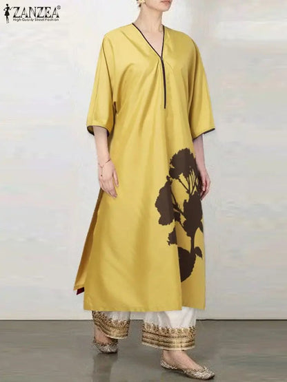 ZANZEA 2023 Autumn Oversized Dress Women Half Sleeve Long Robe Casual Loose Flowers Printing Zipper Neck Split Hem Midi VestidoYellowL