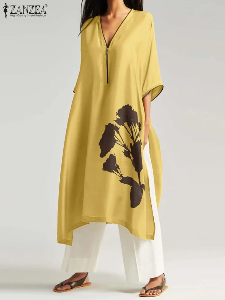 ZANZEA 2023 Autumn Oversized Dress Women Half Sleeve Long Robe Casual Loose Flowers Printing Zipper Neck Split Hem Midi VestidoYellowL