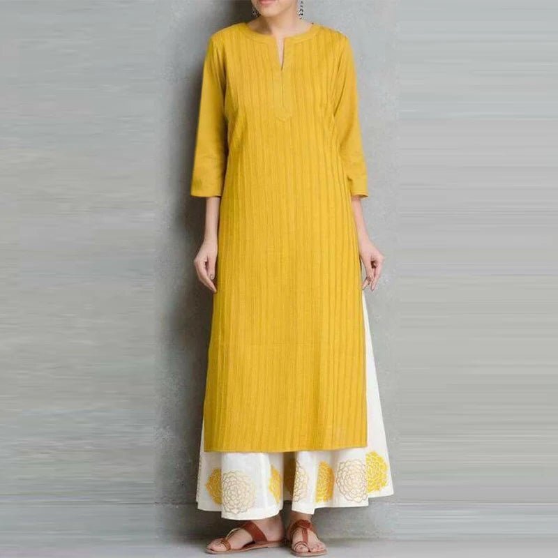 ZANZEA 2024 Summer High Splited Robe Women Round Neck Retro Vestidos Fashion Solid Midi Dress Casual Loose 3/4 Sleeve Long DressYellowXXL