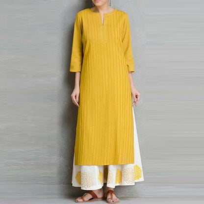 ZANZEA 2024 Summer High Splited Robe Women Round Neck Retro Vestidos Fashion Solid Midi Dress Casual Loose 3/4 Sleeve Long DressYellowXXL