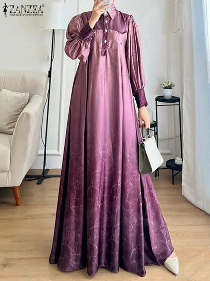 ZANZEA Bohemain Printed Muslim Dress Ramadan Maxi Sundress Abaya IsIamic Dubai Long Robe Women Fashion Long Sleeve Vestidos5XLPurple