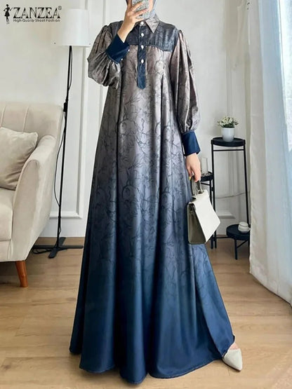 ZANZEA Bohemain Printed Muslim Dress Ramadan Maxi Sundress Abaya IsIamic Dubai Long Robe Women Fashion Long Sleeve VestidosLBlue