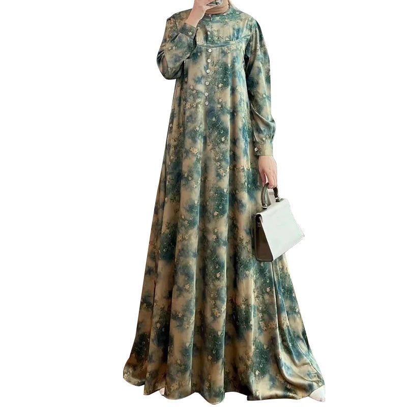 ZANZEA Elegant Floral Print Women Abaya Dress 2024 Spring Muslim Fashion Lantern Sleeve Maxi Vestidos Islamic Casual Long RobesBlue4XL