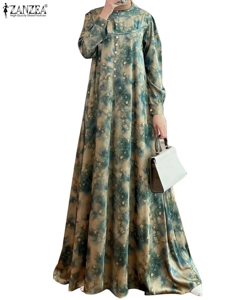 ZANZEA Elegant Floral Print Women Abaya Dress 2024 Spring Muslim Fashion Lantern Sleeve Maxi Vestidos Islamic Casual Long RobesgreenXXXL