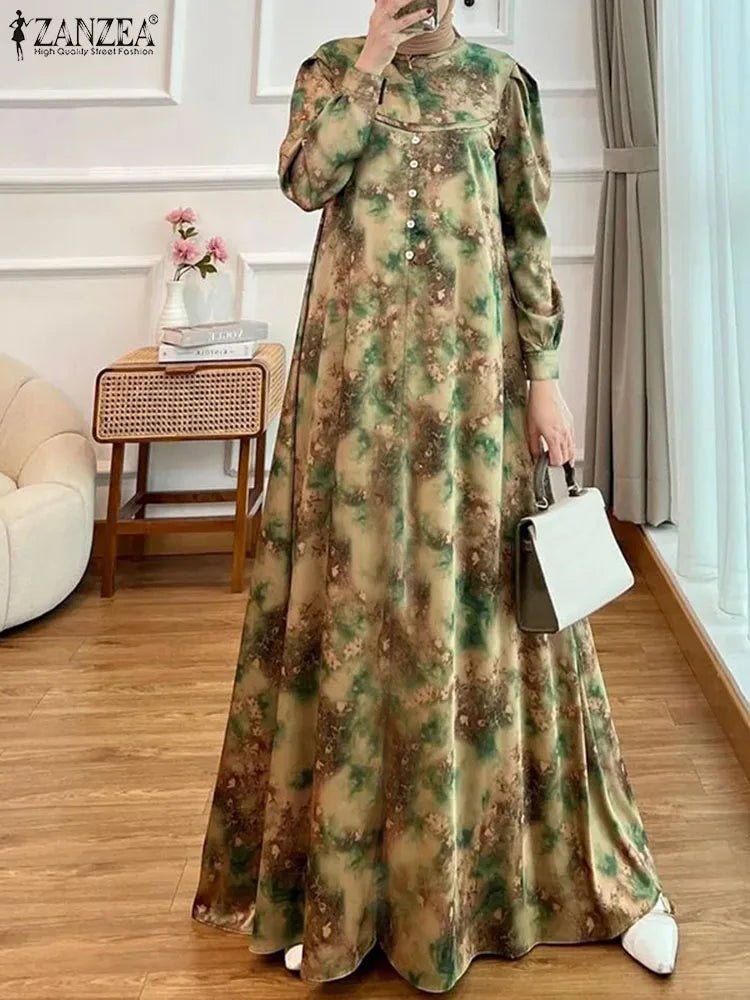 ZANZEA Elegant Floral Print Women Abaya Dress 2024 Spring Muslim Fashion Lantern Sleeve Maxi Vestidos Islamic Casual Long RobesgreenXXXL