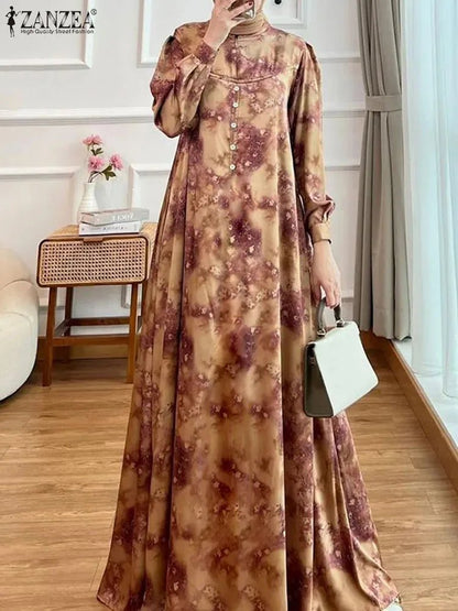 ZANZEA Elegant Floral Print Women Abaya Dress 2024 Spring Muslim Fashion Lantern Sleeve Maxi Vestidos Islamic Casual Long RobesgreenXXXL