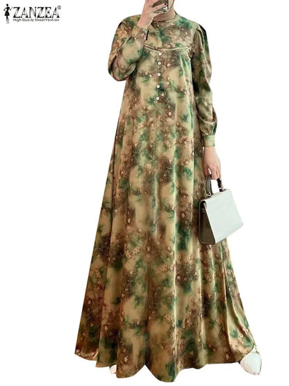 ZANZEA Elegant Floral Print Women Abaya Dress 2024 Spring Muslim Fashion Lantern Sleeve Maxi Vestidos Islamic Casual Long RobesgreenXXXL