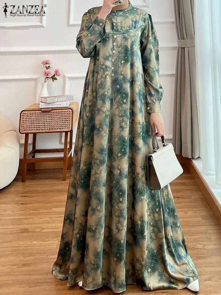 ZANZEA Elegant Floral Print Women Abaya Dress 2024 Spring Muslim Fashion Lantern Sleeve Maxi Vestidos Islamic Casual Long RobesgreenXXXL