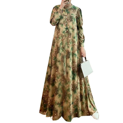 ZANZEA Elegant Floral Print Women Abaya Dress 2024 Spring Muslim Fashion Lantern Sleeve Maxi Vestidos Islamic Casual Long RobesgreenXXXL