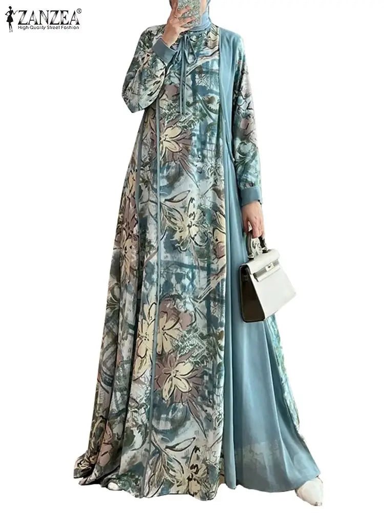 ZANZEA Floral Print Muslim Abaya Vestidos Stylish Women Elegant Long Sleeve Long Robes Patchwork Tied Neck Islamic Maxi DressSBlue