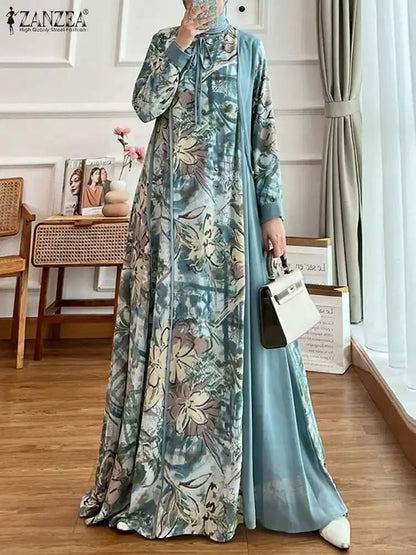 ZANZEA Floral Print Muslim Abaya Vestidos Stylish Women Elegant Long Sleeve Long Robes Patchwork Tied Neck Islamic Maxi DressSBlue