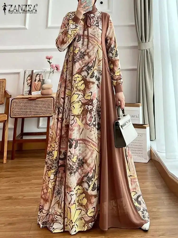 ZANZEA Floral Print Muslim Abaya Vestidos Stylish Women Elegant Long Sleeve Long Robes Patchwork Tied Neck Islamic Maxi DressSBrown