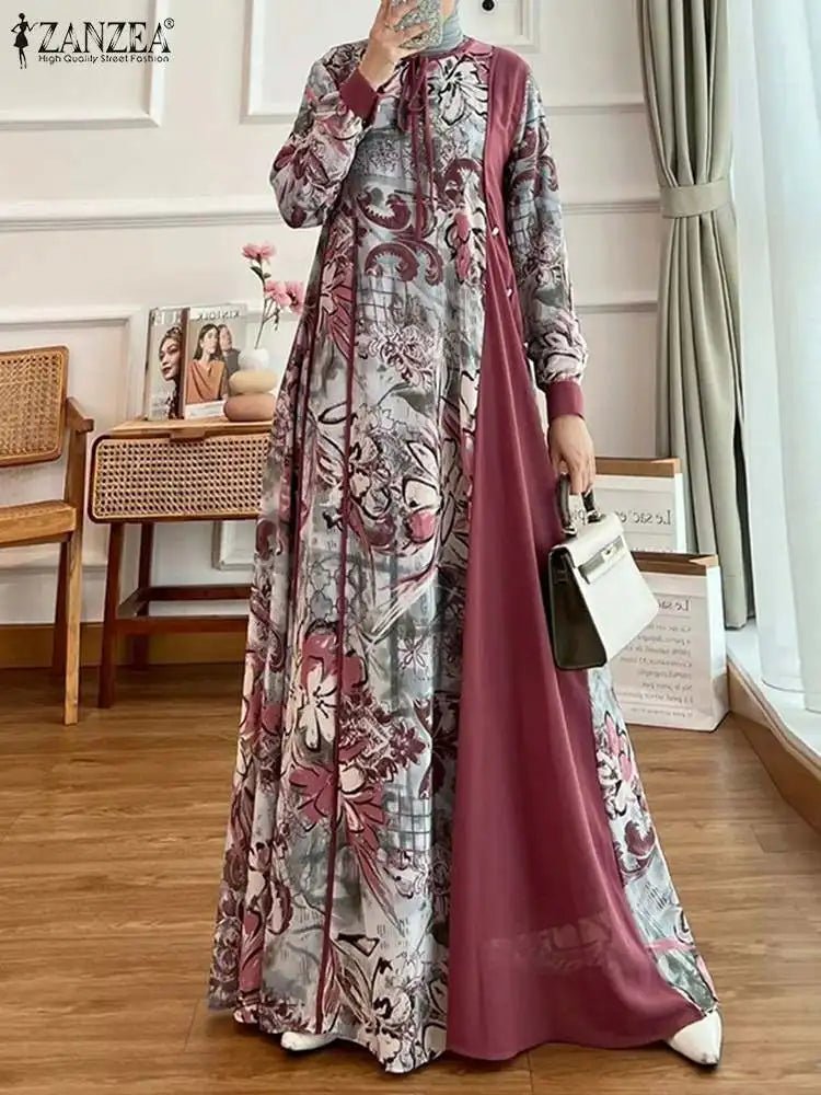 ZANZEA Floral Print Muslim Abaya Vestidos Stylish Women Elegant Long Sleeve Long Robes Patchwork Tied Neck Islamic Maxi DressXXLRed