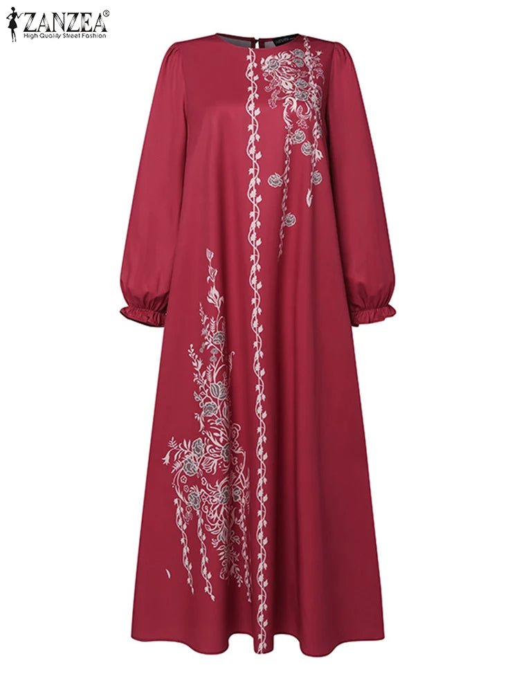 ZANZEA Long Sleeve Islamic Long Robes Abaya Women Muslim Fashion O Neck Casual Vestidos Loose Turkey Floral Printing Maxi DressDark BlueSCHINA