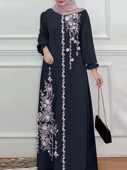 ZANZEA Long Sleeve Islamic Long Robes Abaya Women Muslim Fashion O Neck Casual Vestidos Loose Turkey Floral Printing Maxi DressDark BlueSCHINA