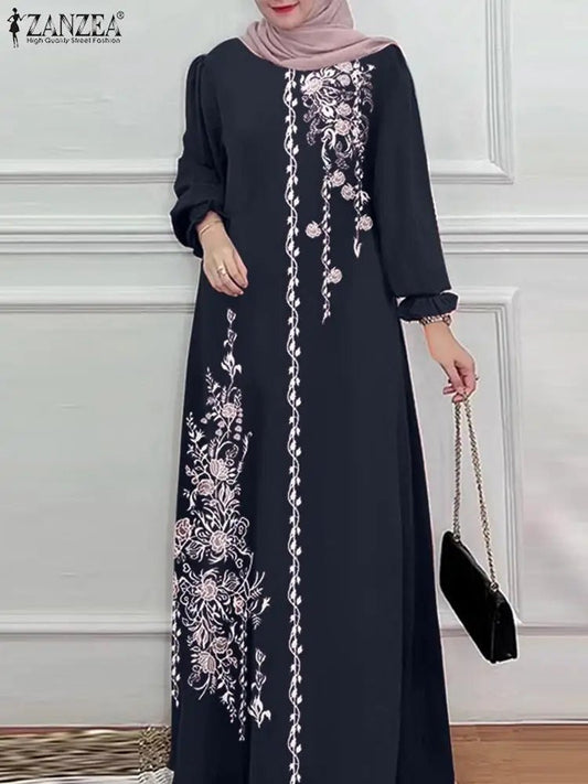 ZANZEA Long Sleeve Islamic Long Robes Abaya Women Muslim Fashion O Neck Casual Vestidos Loose Turkey Floral Printing Maxi DressDark BlueSCHINA