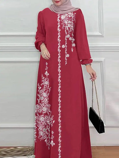 ZANZEA Long Sleeve Islamic Long Robes Abaya Women Muslim Fashion O Neck Casual Vestidos Loose Turkey Floral Printing Maxi DressWine RedSCHINA