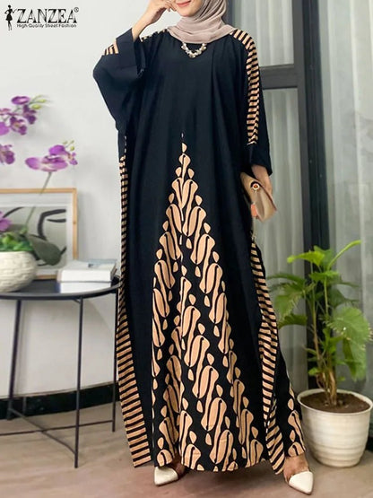 ZANZEA Muslim Fashion Abaya Hijab Dress Elegant 3/4 Sleeve Islamic Robe Women Bohemain Printed Sundress Dubai Long VestidosCameoXXXL