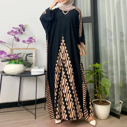 ZANZEA Muslim Fashion Abaya Hijab Dress Elegant 3/4 Sleeve Islamic Robe Women Bohemain Printed Sundress Dubai Long VestidosDark BlueXL