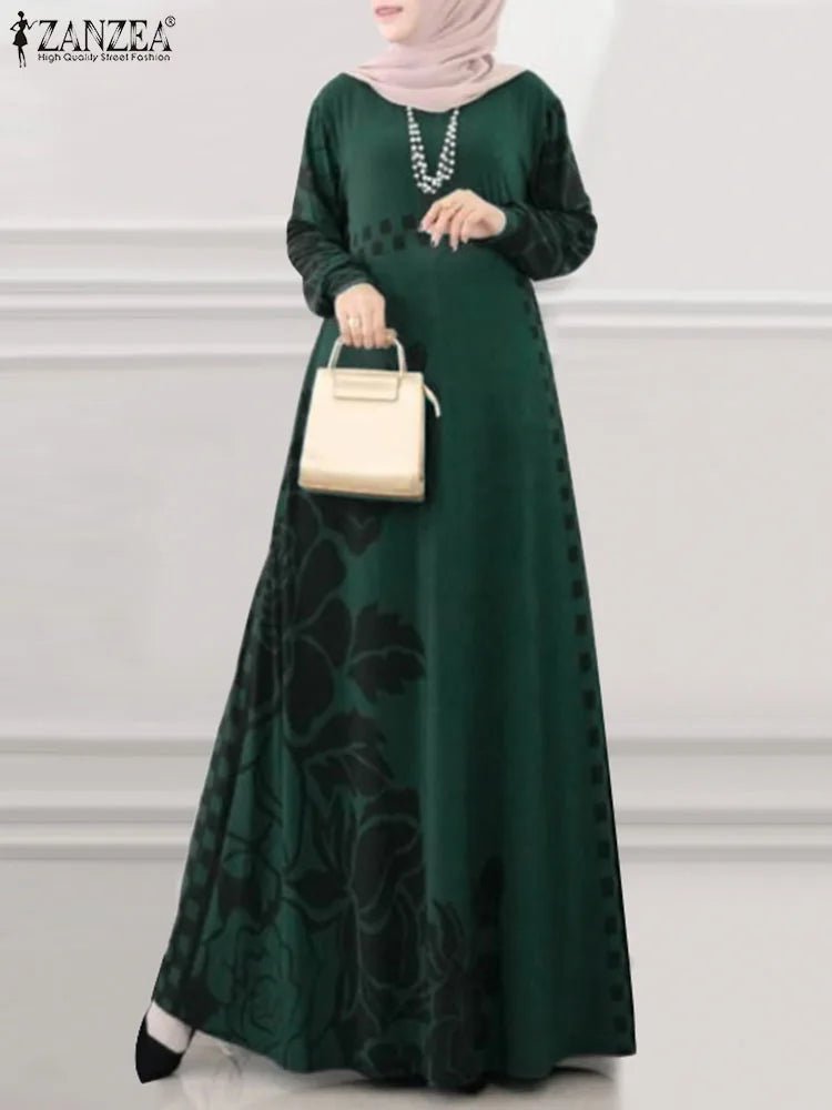 ZANZEA Muslim Fashion Dresses Ramadan Abayas For Women Bohemain Printed Floral Vestidos Dubai Long Robe Abaya Long Sleeve DressDark GreenS