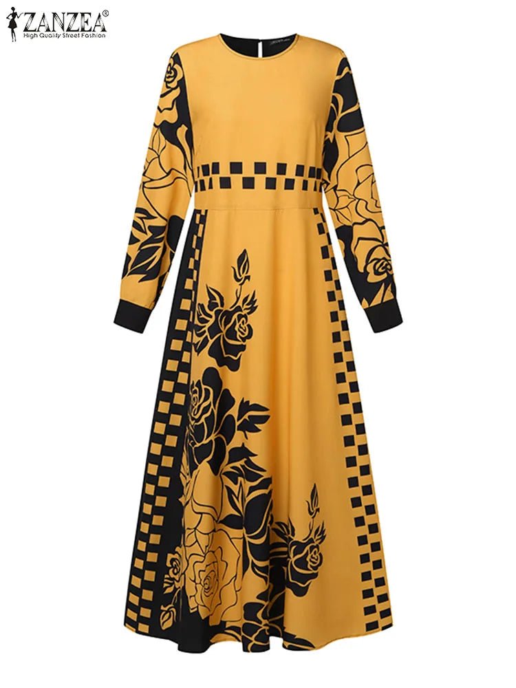 ZANZEA Muslim Fashion Dresses Ramadan Abayas For Women Bohemain Printed Floral Vestidos Dubai Long Robe Abaya Long Sleeve DressDark GreenS