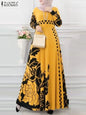 ZANZEA Muslim Fashion Dresses Ramadan Abayas For Women Bohemain Printed Floral Vestidos Dubai Long Robe Abaya Long Sleeve DressYellowXL