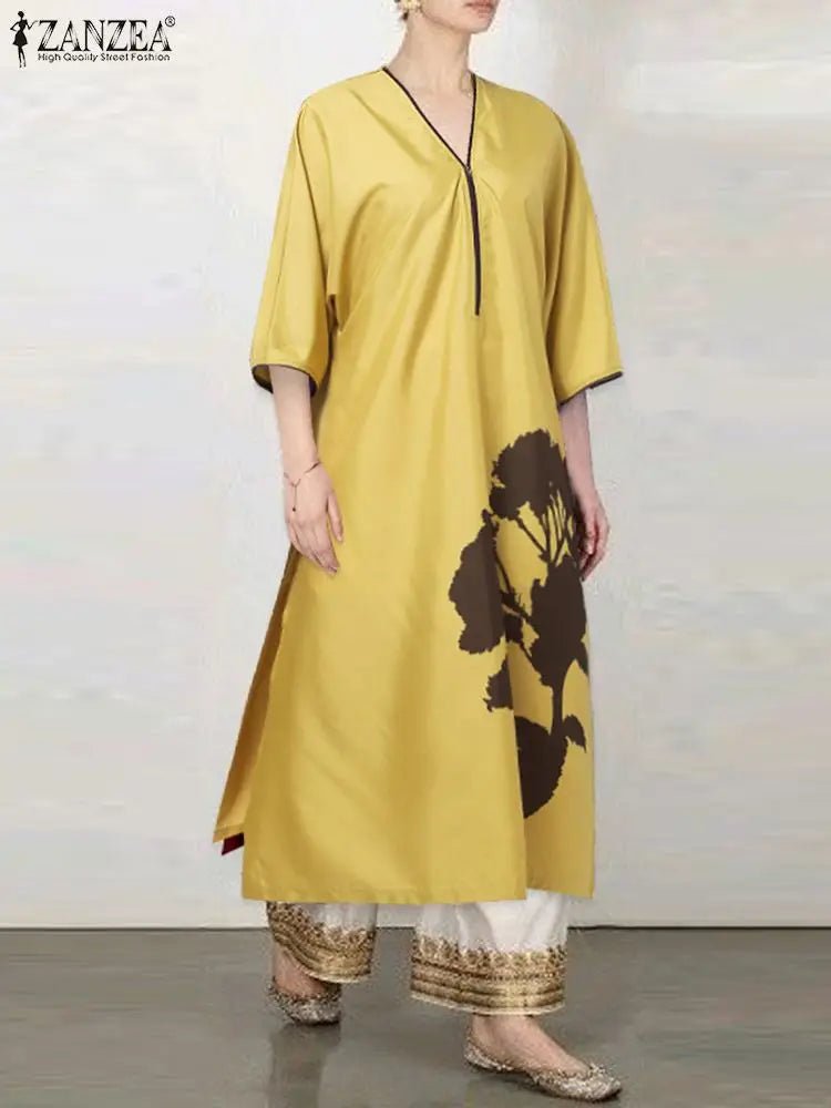 ZANZEA Women Zipper Flowers Printing Split Hem Shirt Dress 2023 Autumn Oversized Half Sleeve Loose Long Robe Casual Midi Vestido5XLYellow